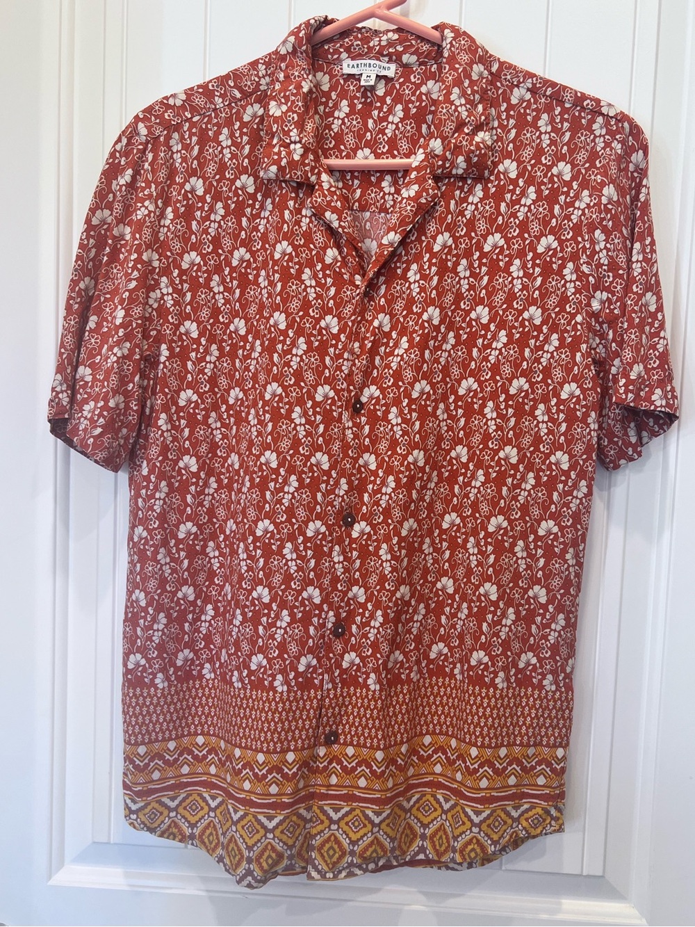 Earthbound Rust Floral Short-Sleeve Button-Up Unisex Shirt Sz Medium